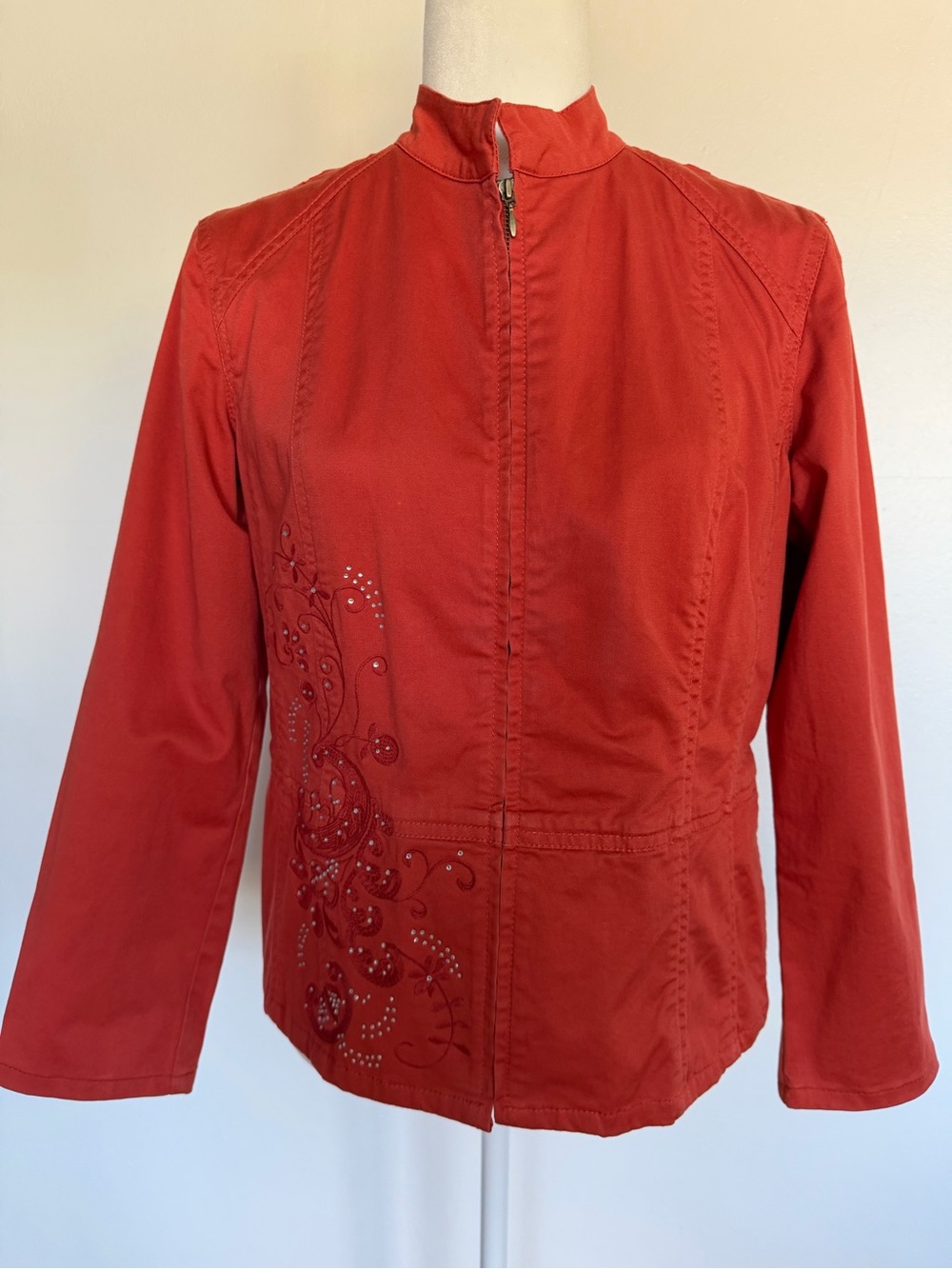 Chico's Brick Red Embellished Zip-Front Utility Jacket